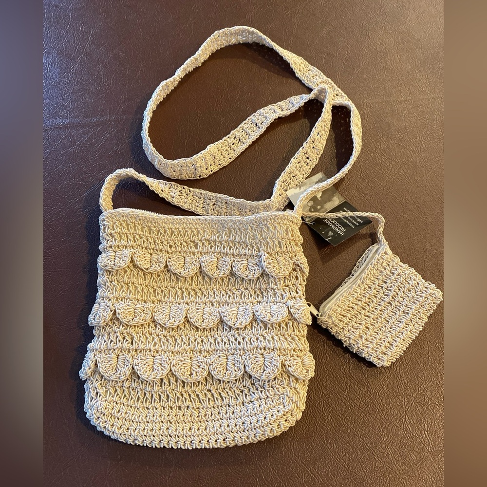 Handmade in Greece Aria Macrame Crossbody Bag Beige Attached Coin Purse New